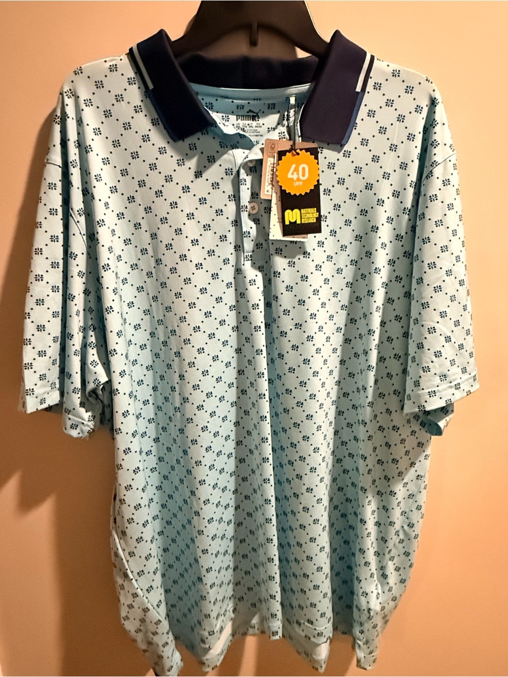 Puma Golf Men's Light Blue Patterned Polo Shirt with Navy Collar